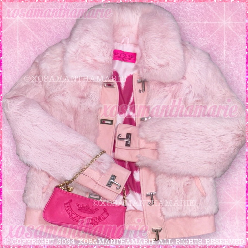 Vintage Y2K Juicy Couture Rare HTF Viva La Juicy Pink Rabbit Fur Jacket Coat - Picture 2 of 15